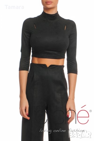 Късо поло от велур в маслинено зелено Cliche, снимка 1