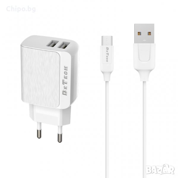 Мрежово зарядно устройство DeTech DE-09M, 5V/2.4A, 220V,2 x USB, С Micro USB кабел, 1.0m, Бял, снимка 1