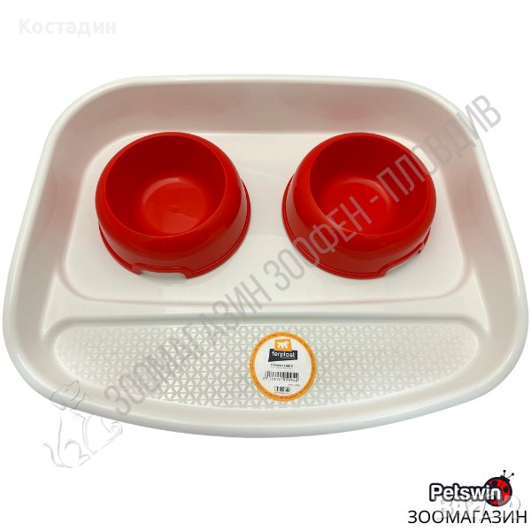 Комплект Купи за Хранене - с Поставка - за Куче/Коте - 2x300ML - Бяло-Червена разцветка - Ferplast, снимка 1