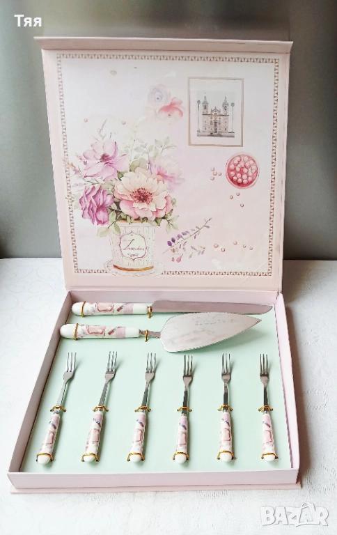 Нов комплект за торта с порцеланови дръжки , снимка 1