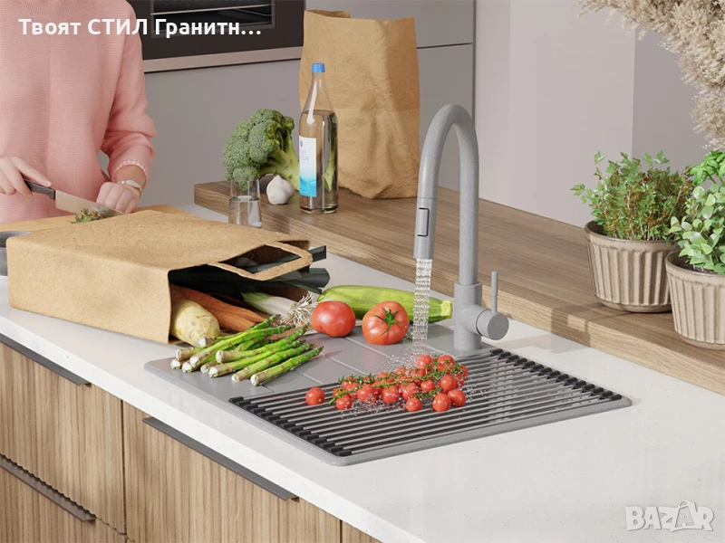 Сива кухненска гранитна мивка Копенхаген 40 Top 550 x 500 мм, снимка 1