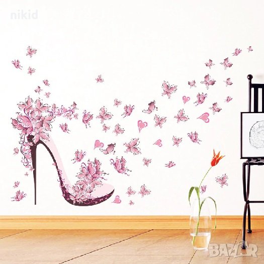 Дамска обувка с ток и розови пеперуди самозалепващ стикер лепенка за стена мебел, снимка 1