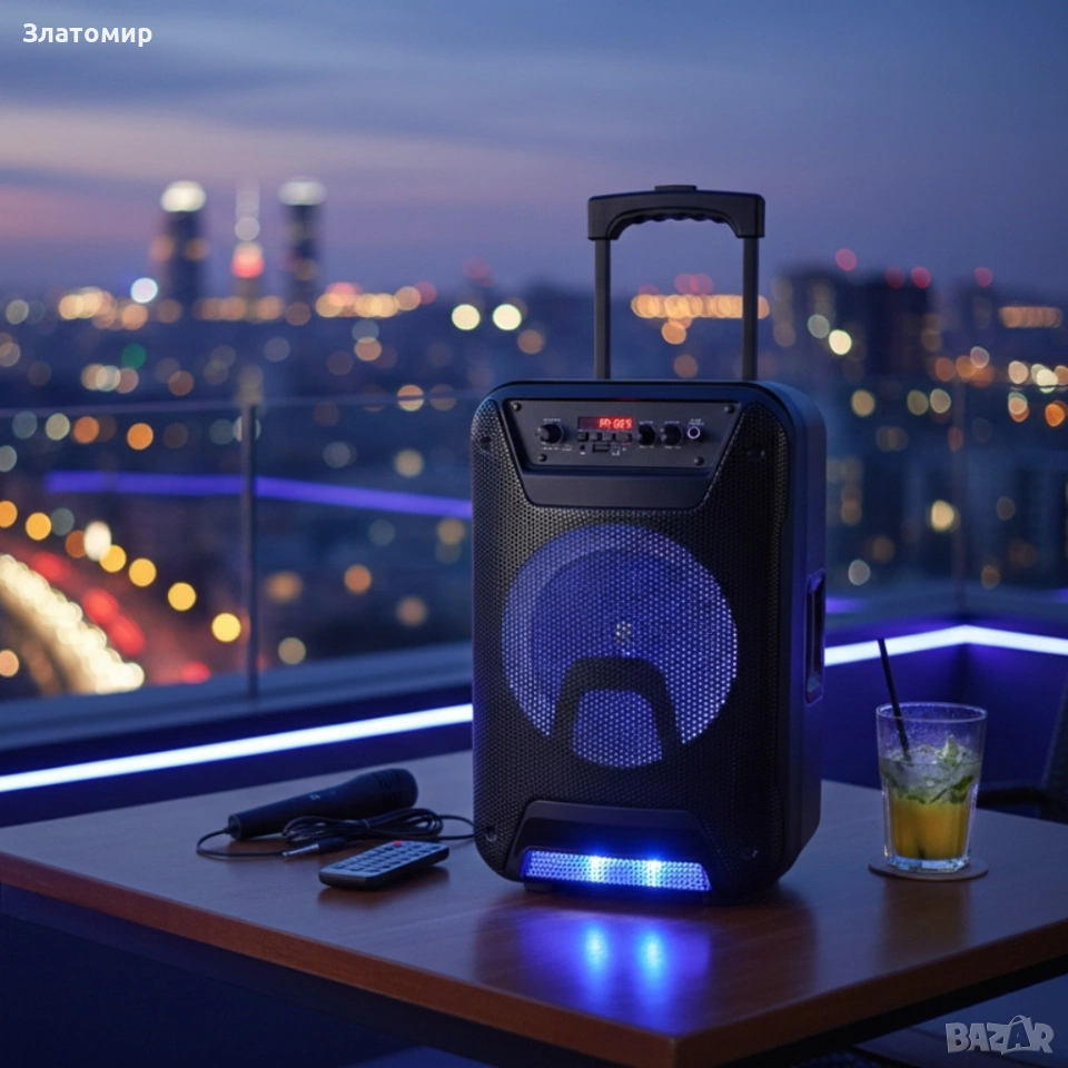 Преносима караоке тонколона - 8" говорител, LED светлина, дистанционно управление и микрофон, снимка 1