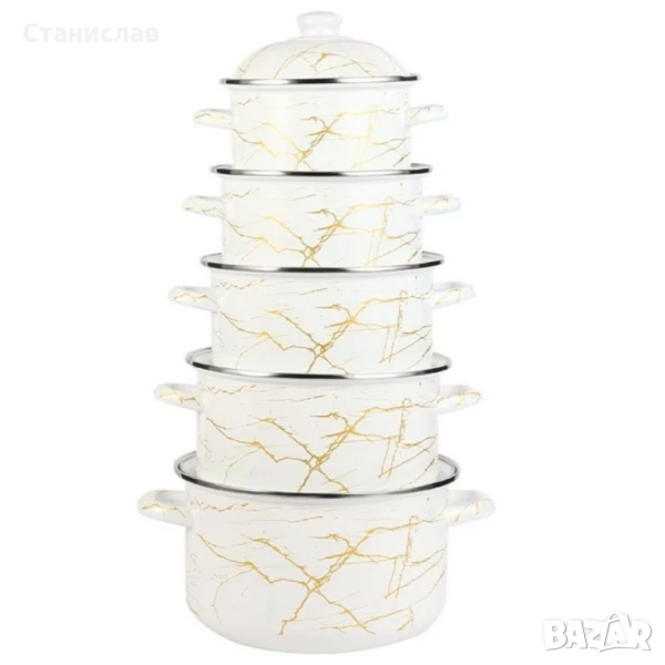 Комплект от 5 броя многослойни емайлирани тенджери със стъклени капаци, снимка 1