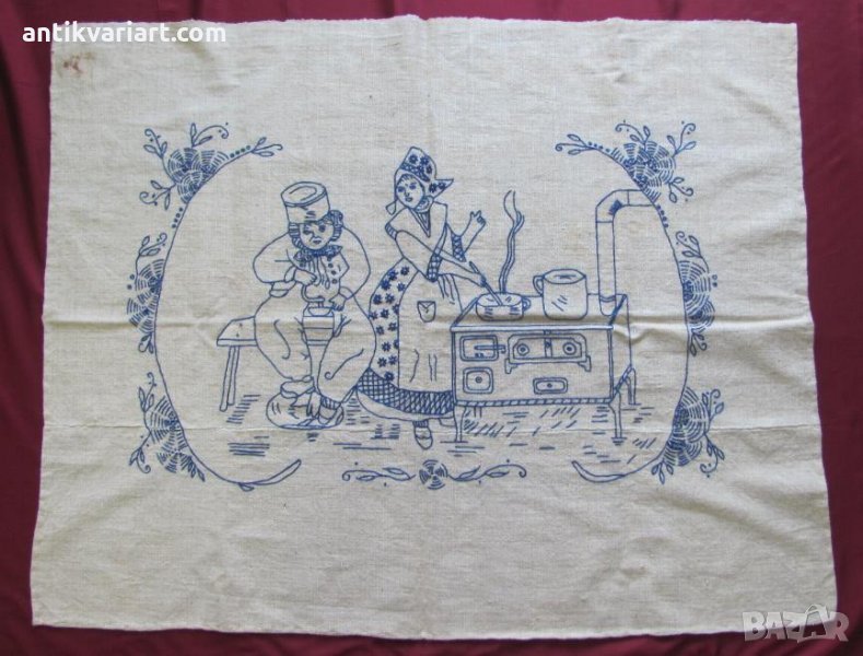 30-те Ръчна Бродерия върху тъкан Ленен Плат, снимка 1