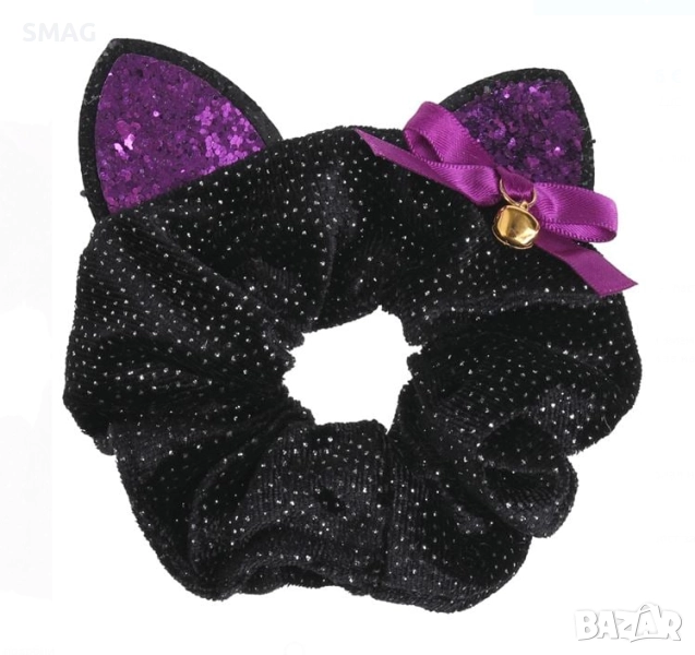 Halloween / Хелоуин ластик за коса с ушички, камъчета и звънче – черен_1255912, снимка 1