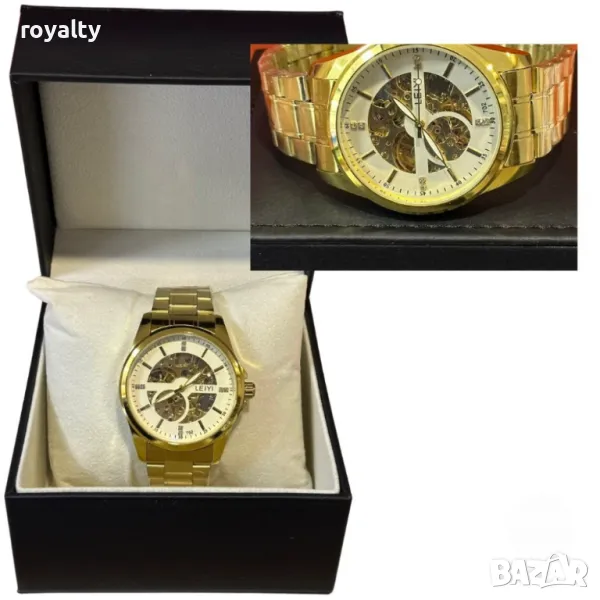 Луксозен златен мъжки часовник с арабски цифри и открит механизъм, снимка 1