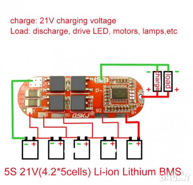 BMS  Контролер за зареждане на литиево йонни батерии, 5s 25А зарядно за 5 клетки  5s, снимка 1