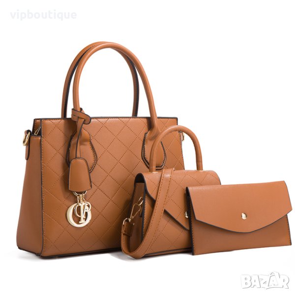 Кафява Кожена Дамска Чанта Сет Комплект, снимка 1