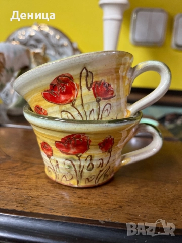 Страхотни🥰 Керамични чаши с макове за кафе Ръчна изработка-100/120 мл на око Цена-30 лв/15.34€, снимка 3 - Чаши - 52580296