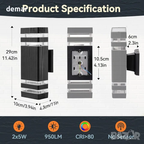 Warmiehomy Външна стенна лампа, модерна LED 2хGU10, нагоре-надолу, IP67, 29 см, снимка 4 - Лед осветление - 50988858