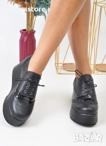 Обувки на платформа - черна кожа - 450-L, снимка 2 - Кецове - 35247816