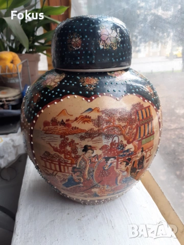 Сатцума Satsuma стара голяма ваза буркан с капак порцелан, снимка 4 - Антикварни и старинни предмети - 53340314