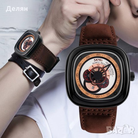 Мъжки часовник с кафява каишка, правоъгълен, с дата, снимка 4 - Мъжки - 27981900