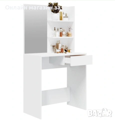 Маса за тоалетка с 3 рафта и чекмедже, с огледало, бяла, 75x40x136 см ModernHome, снимка 2 - Тоалетки - 53380515