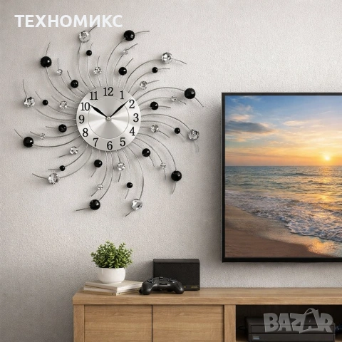 Стенен часовник с кристали , 50 см, Кварцов механизъм, Безшумен, снимка 3 - Декорация за дома - 53585342