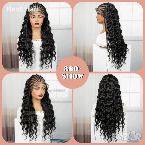Екзотична черна синтетична перука с пълзящи плитки и къдрава дължина 70 см - Lace Front 13x6, снимка 4 - Аксесоари за коса - 52878519