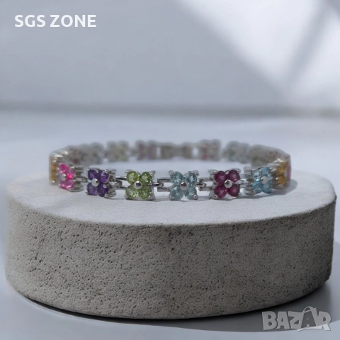 Нежна гривна с цветя от сребро с естествен топаз, аметист, перидот, цитрин, снимка 7 - Гривни - 52688944