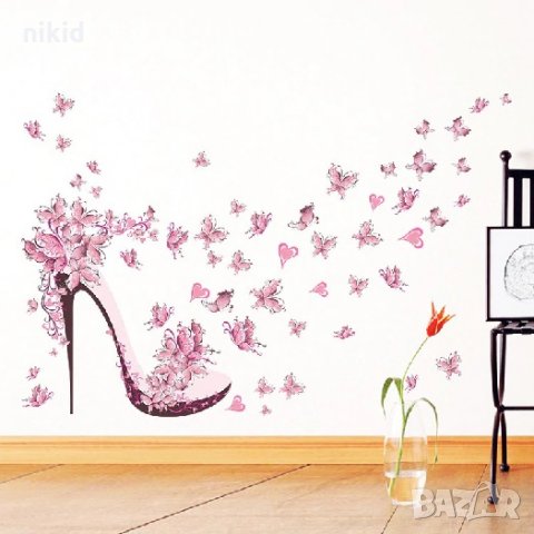 Дамска обувка с ток и розови пеперуди самозалепващ стикер лепенка за стена мебел, снимка 1 - Други - 26974594