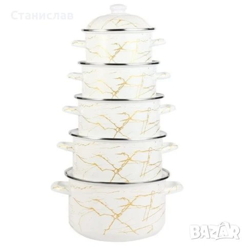 Комплект от 5 броя многослойни емайлирани тенджери със стъклени капаци, снимка 1
