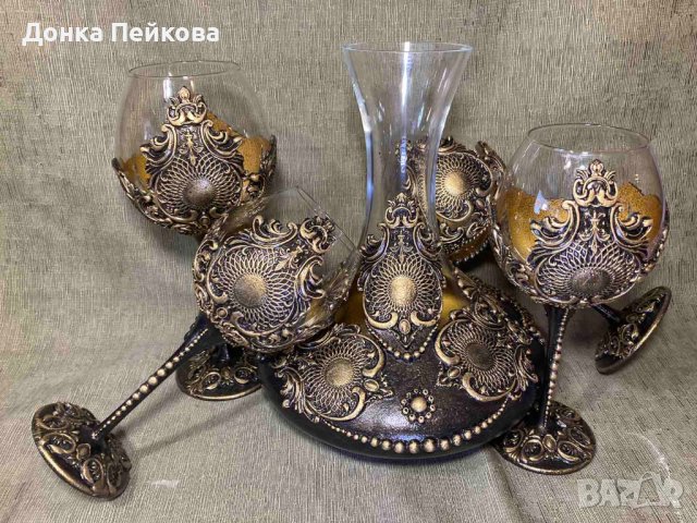 Сет за вино от 5 части - декантер с 4 чаши - ръчна изработка, снимка 4 - Декорация за дома - 39893457
