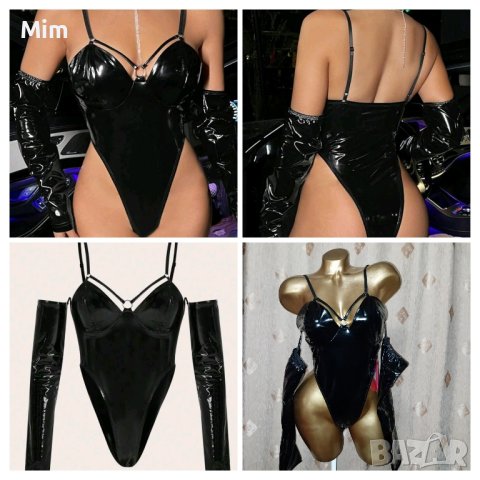 L Черно боди с ръкави от лак / винил/, снимка 2 - Корсети, бюстиета, топове - 43556430