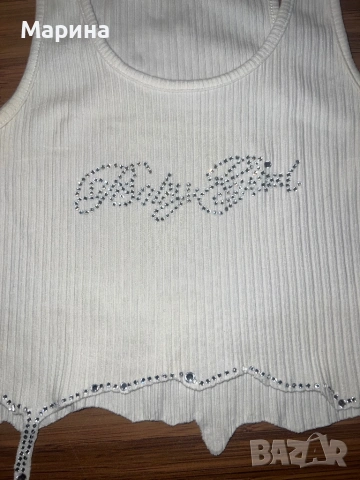 бяла дамска блуза със сребърни кристали, снимка 2 - Ризи - 53541063