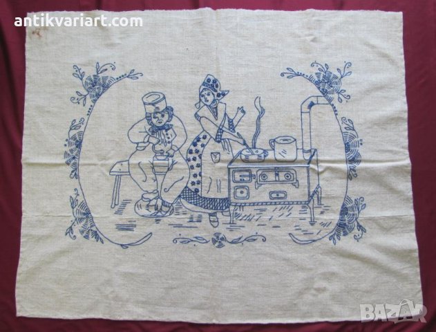 30-те Ръчна Бродерия върху тъкан Ленен Плат, снимка 1 - Антикварни и старинни предмети - 27116284