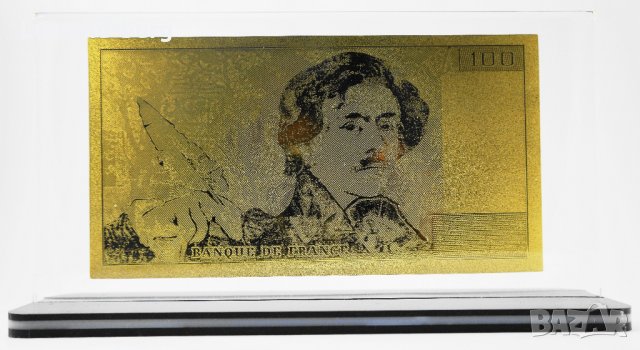 Златна банкнота 100 Френски франка в прозрачна стойка - Реплика, снимка 2 - Нумизматика и бонистика - 27080379