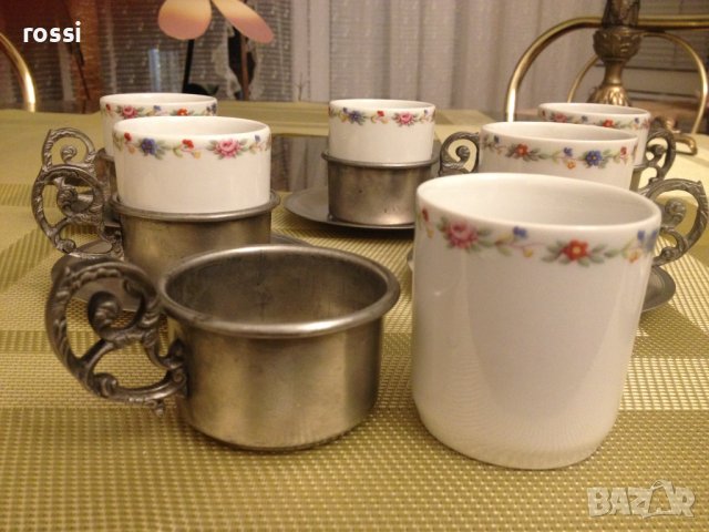 Vintage. Нов. Немски калаен сервиз чаши с подстакани за кафе, ракия, греяна ракия, снимка 4 - Други ценни предмети - 43051549