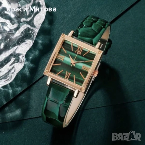 Елегантен комплект часовник и бижута с зелени кристали и златист корпус, снимка 2 - Други - 52997805