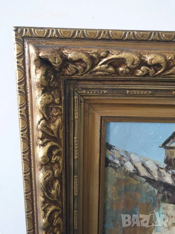 131х81см/стара голяма картина масло върху платно/къща-двор-овце-кладенец/барокова дървена рамка, снимка 8 - Картини - 50978396