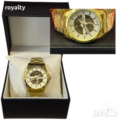 Луксозен златен мъжки часовник с арабски цифри и открит механизъм