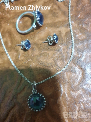 колие пръстен и обици сребро със син сапфир, снимка 2 - Бижутерийни комплекти - 53427721
