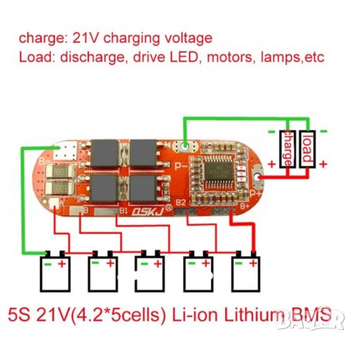 BMS  Контролер за зареждане на литиево йонни батерии, 25А зарядно за 5 клетки 