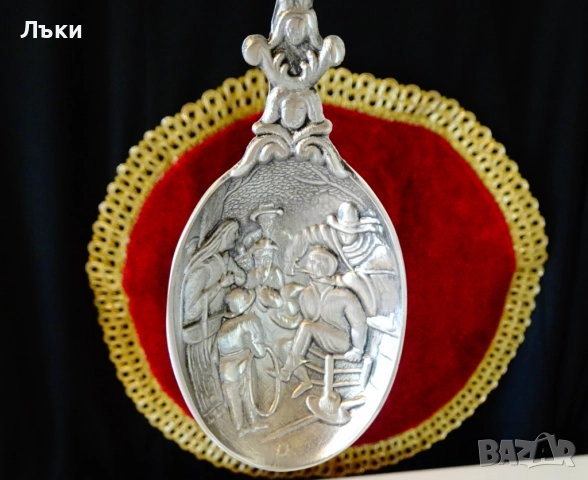 Калаена лъжица за калаена сватба със семейни символи. , снимка 3 - Антикварни и старинни предмети - 52002734