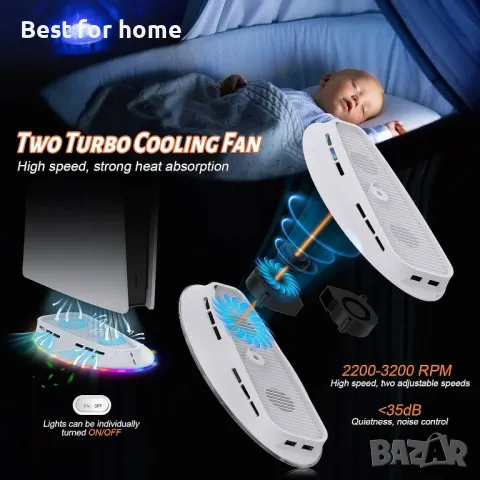 Стойка за охлаждащ вентилатор за PS5 с RGB светлина, снимка 5 - Друга електроника - 50082512