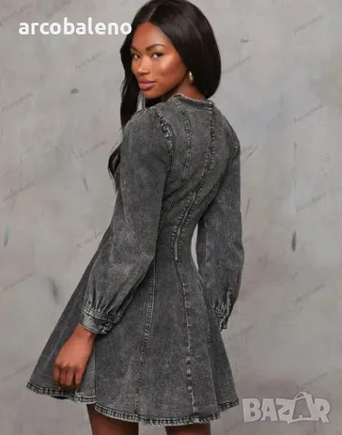 Модна дамска дънкова рокля с дълги ръкави с талия в пачуърк, 2цвята , снимка 6 - Рокли - 47696054