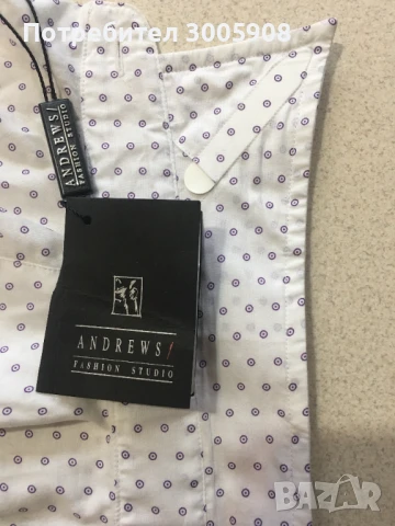 Риза Andrews 100 % памук, бяла на златни или лилави кръгчета, L (41-42), снимка 10 - Ризи - 50963820