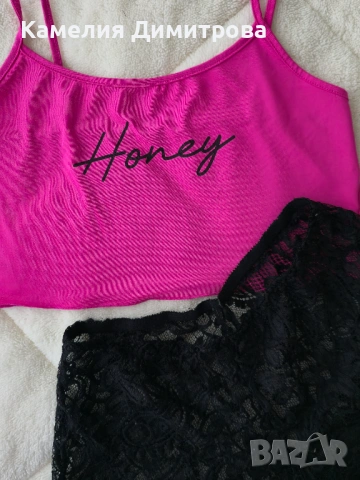 Дамски комплект за вкъщи – розов топ + черни дантелени къси гащички, снимка 2 - Комплекти - 53285591