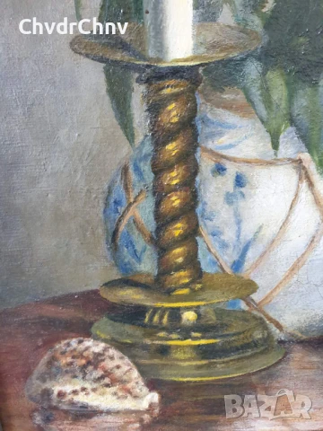 Haselstrom 48х40см/стара картина масло върху платно/натюрморт-цветя-свещник-книги/1943/дървена рамка, снимка 5 - Картини - 50823616
