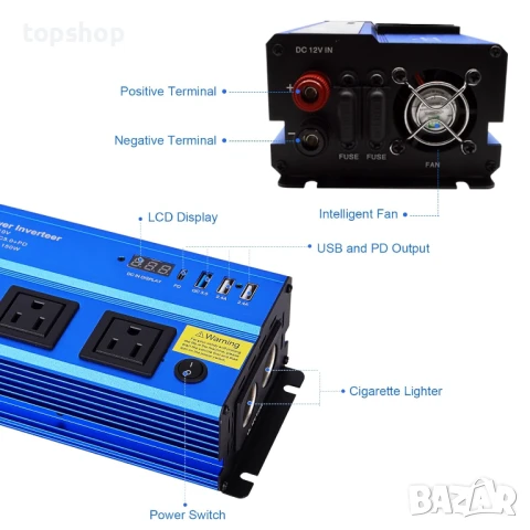 Чисто нов Инвертор LncBoc захранване за кола 1000 W DC 12 V към AC 220 V 240 V