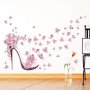 Дамска обувка с ток и розови пеперуди самозалепващ стикер лепенка за стена мебел, снимка 1 - Други - 26974594