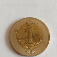 Монета 1 лира ТУРЦИЯ  2008 година за колекция декорация- 18696, снимка 1 - Нумизматика и бонистика - 32726216