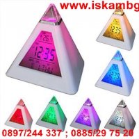 LED будилник и метеостанция с форма на пирамида светещ в 7 цвята, снимка 1 - Други стоки за дома - 28472198