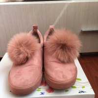 Дамски равни обувки от розов велур с естествен пух, снимка 3 - Дамски ежедневни обувки - 26790195