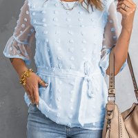 Дамска блуза в синьо с принт на точки и колан, снимка 1 - Корсети, бюстиета, топове - 40499342