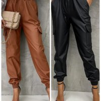 Дамски кожени панталони с прав крачол с прав ластик на талията, 2цвята, снимка 1 - Панталони - 43718611