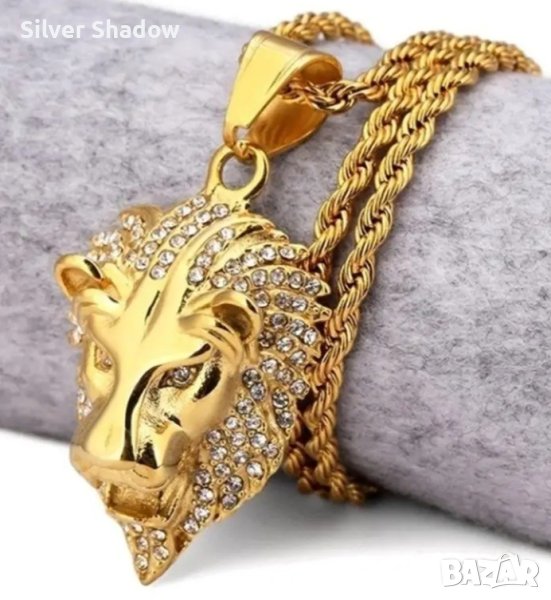 Позлатена огърлица с висулка - Лъвска глава, снимка 1