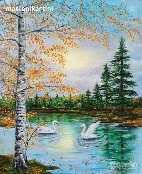 Есенен пейзаж с лебеди маслена картина , снимка 1